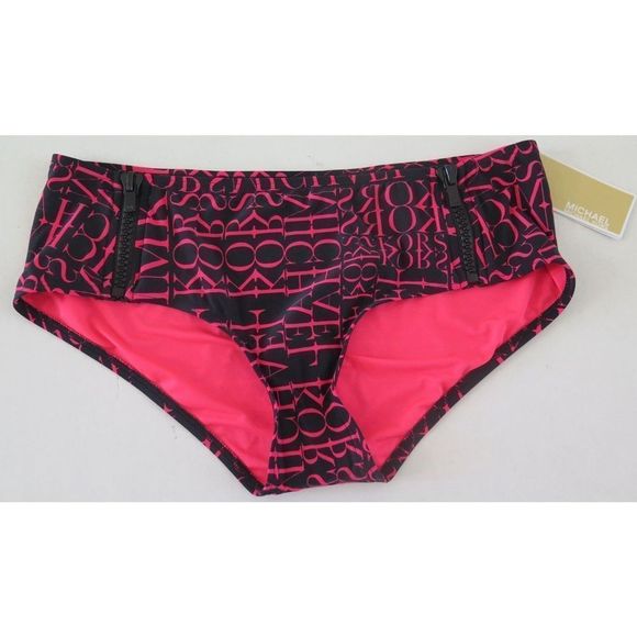 Michael Kors Womens Sz M Neon Pink/Black Logo Print Zipper Hipster Bikini Bottom - Picture 1 of 5